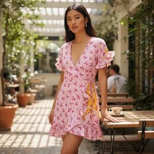 NWT All Things Mochi Women's Dory Silk Wrap Mini Dress Pink Size XS New Coquette